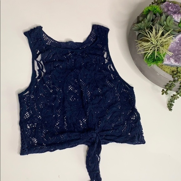 Navy Blue crocheted crop front knot tank top small women’s - Picture 2 of 5